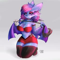  1:1 2018 5_fingers anthro armband armwear artist_name bangs bat bent_arm black_eyebrows black_knee_boots blue_body blue_breasts blue_fur blue_tail blue_wings boots bottomwear breasts cheek_tuft cleavage closed_smile clothed clothing collar crop_top digital_drawing_(artwork) digital_media_(artwork) eyebrows eyelashes eyeshadow facial_tuft fangs female fingers fishnet_armwear fishnet_clothing footwear fur grey_background half-closed_eyes hi_res holding_object holding_riding_crop holding_whip knee_boots knee_highs kneeling koumori_the_bat legwear long_tail makeup mammal medium_hair membrane_(anatomy) membranous_wings metal_gloves mouth_closed narrowed_eyes navel one_glove pink_eyeshadow pupils purple_eyes purple_pupils rakkyoarts red_bottomwear red_clothing red_collar red_crop_top red_shirt red_skirt red_topwear riding_crop shirt shoes simple_background skirt smile solo spiked_armband spikes tail teeth thick_thighs topwear tuft whip wings 