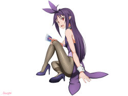  :d absurdres ahoge alternate_costume animal_ears breasts card fake_animal_ears fake_tail female fishnet_pantyhose fishnets from_side full_body high_heels highres holding holding_card leotard long_hair looking_at_viewer mysteryctu open_mouth pantyhose playboy_bunny pointy_ears purple_footwear purple_hair purple_leotard rabbit_ears rabbit_tail red_eyes sitting small_breasts smile solo sword_art_online tail teeth upper_teeth_only white_background wrist_cuffs yuuki_(sao) 