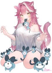  :3 absurdres animal_ear_fluff animal_ears barefoot between_thighs blush breasts chattino_(raora_panthera) claw_pose closed_mouth commentary drowzzi eyeshadow female hair_intakes highres hololive hololive_english large_breasts long_hair looking_at_viewer makeup mouth_hold multicolored_hair off-shoulder_shirt off_shoulder pacifier panther_ears panther_girl panther_tail photoshop_(medium) pink_eyeshadow pink_hair pink_nails raora_panthera revision see-through_silhouette shirt signature simple_background smile streaked_hair tail thighs two-tone_hair virtual_youtuber white_background white_hair white_shirt x_x yellow_eyes 