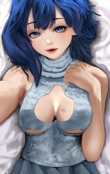  autoopt bare_shoulders blue_eyes blue_hair blue_sweater breasts breasts_apart cleavage_cutout clothing_cutout female hands_up highres lips looking_at_viewer lying make_heroine_ga_oo_sugiru! medium_breasts medium_hair on_back parted_lips reaching reaching_towards_viewer sleeveless sleeveless_sweater solo sweater turtleneck turtleneck_sweater upper_body yanami_anna 