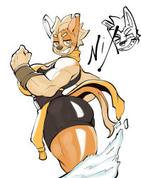  2024 5_fingers anthro apsel_bluestar armor athletic_wear biceps big_breasts bottomwear bra bracers breasts canid canine canis clothed clothing dog_knight_rpg domestic_dog female fingers fur gym_bottomwear gym_shorts hair herding_dog hi_res mammal muscular muscular_female nix_(ceehaz) pastoral_dog shorts side_view simple_background solo sports_bra tail tan_body tan_fur thick_thighs toothy_grin underwear welsh_corgi white_background white_hair wide_hips yellow_eyes 