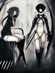  2girls bad_id bad_pixiv_id black_hair blade boots commentary_request cyberpunk cyborg gas_mask headwear_request highres knee_boots mask multiple_girls original pale_skin tmt unzipped white_hair 