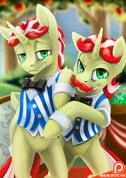  2017 ashley-arctic-fox brother_(lore) brothers_(lore) clothed clothing duo equid equine feral flam_(mlp) flim_(mlp) friendship_is_magic grin hair half-closed_eyes hasbro hi_res horn identical_twins looking_at_viewer male mammal multicolored_hair my_little_pony mythological_creature mythological_equine mythology narrowed_eyes outside patreon patreon_logo plant sibling_(lore) smile tree twins_(lore) two_tone_hair unicorn 