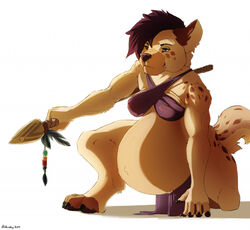  2017 4_toes 5_fingers akkusky anthro barefoot belly big_belly black_nose bottomwear breasts claws clothed clothing covered_breasts crouching digital_media_(artwork) feet female fingers fur gnoll hair holding_melee_weapon holding_object holding_polearm holding_spear holding_weapon hunter hyena kneeling loincloth mammal markings melee_weapon on_one_knee pawpads paws polearm pregnant pregnant_anthro pregnant_female primitive solo spear spots spotted_body spotted_fur toe_claws toes tribal weapon white_body white_fur yona_(dansharkman) 