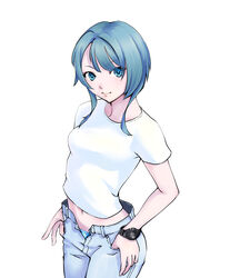  aizawa_kazuha assault_lily blue_eyes blue_hair blue_panties breasts closed_mouth cowboy_shot female grey_pants looking_at_viewer medium_breasts medium_hair midriff navel nenshuu5man open_pants panties pants panty_peek pocket shirt short_sleeves simple_background solo standing thumb_in_pocket underwear watch white_background white_shirt wristwatch 