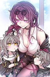  1boy 2girls aged_down bare_shoulders black_choker black_gloves black_jacket breasts caelus_(honkai:_star_rail) choker collarbone earrings eyewear_on_head fei_luo_mao gloves grey_hair hand_on_another&#039;s_head highres honkai:_star_rail honkai_(series) jacket jewelry kafka_(honkai:_star_rail) medium_hair multiple_girls open_clothes open_jacket pantyhose pince-nez purple_eyes purple_gloves purple_hair shirt short_hair smile stelle_(honkai:_star_rail) sunglasses trailblazer_(honkai:_star_rail) white_shirt yellow_eyes 