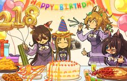  &gt;_o 4girls :3 animal_ears balloon birthday_cake blonde_hair blue_eyes blurry blurry_background blush boombox box breasts brown_hair cake carrot closed_mouth cup domino_mask el_condor_pasa_(umamusume) food french_fries gift gift_box grass_wonder_(umamusume) hair_ornament happy_birthday hat highres holding holding_balloon holding_boombox horse_ears hot_sauce jiima_tarou long_hair looking_at_another mask medium_breasts multiple_girls one_eye_closed onion_rings party_hat party_popper party_whistle pizza plate ponytail purple_shirt purple_skirt school_uniform seeking_the_pearl_(umamusume) shirt skirt smile star_(symbol) star_hair_ornament streamers sunglasses table taiki_shuttle_(umamusume) thumbs_up tracen_school_uniform umamusume 