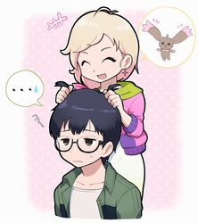  annoyed bandai_namco black_hair blonde_hair brown_body brown_fur digimon digimon_(species) digimon_survive duo ellipsis eyewear female fur glasses hair hsnkz809 human humor long_ears lopmon lopmon_(survive) male mammal saki_kimijima shuuji_kayama 