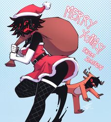  2021 abby_(za1f0n) absurdres artist_self-insert belt black_hair breasts colored_sclera cosplay dated dress eldritch_abomination extra_eyes female fishnets hat highres looking_at_viewer merry_christmas monster_girl original red_eyes red_sclera rudolph_the_red_nosed_reindeer rudolph_the_red_nosed_reindeer_(cosplay) santa_costume santa_dress santa_hat sharp_teeth signature simple_background teeth thighhighs too_many_eyes za1f0n 