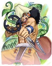  1boy afro black_hair commentary fujitachobi highres long_nose looking_at_viewer male_focus muscular muscular_male one_piece slingshot_(weapon) smile solo teeth usopp weapon 