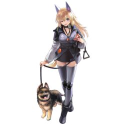  abigail_(neural_cloud) animal_ears blonde_hair blue_eyes boots breasts can canine dog_ears fangs female full_body game_cg german_shepherd girls&#039;_frontline girls&#039;_frontline_neural_cloud highres jacket joints k9 large_breasts leash long_hair looking_at_viewer m500_(girls&#039;_frontline) mechanical_legs official_art one_eye_closed open_mouth pet_food puppy robot_joints skirt smile solo thighhighs transparent_background whistle whistle_around_neck zettai_ryouiki 