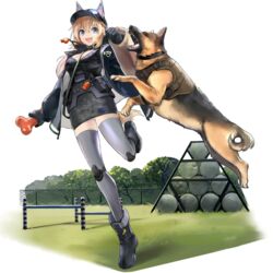  :d abigail_(neural_cloud) animal_ears baseball_cap blonde_hair blue_eyes bone boots breasts camouflage canine cleavage dog_ears dress fangs female full_body game_cg german_shepherd girls&#039;_frontline girls&#039;_frontline_neural_cloud gloves grass hair_between_eyes hat highres jacket joints k9 large_breasts leg_up long_hair m500_(girls&#039;_frontline) mechanical_legs official_art open_clothes open_jacket open_mouth outdoors panties pantyshot robot_joints smile solo thighhighs transparent_background underwear whistle whistle_around_neck white_panties zettai_ryouiki 