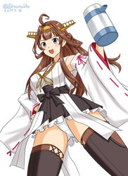  ahoge black_skirt boots breasts brown_hair dated detached_sleeves double_bun female frilled_skirt frills from_below geru hair_between_eyes hair_bun hairband headgear holding japanese_clothes kantai_collection kongou_(kancolle) kongou_kai_ni_(kancolle) long_hair medium_breasts nontraditional_miko open_mouth panties pantyshot purple_eyes ribbon-trimmed_sleeves ribbon_trim sash simple_background skirt smile solo thermos thigh_boots thighhighs twitter_username underwear white_background white_panties 