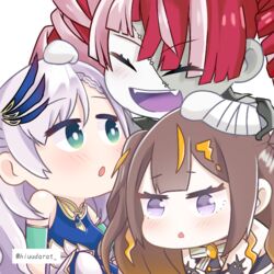  3girls :o anya_melfissa anya_melfissa_(1st_costume) aqua_eyes bandaged_arm bandages blonde_hair blunt_bangs bright_pupils brown_hair chibi closed_eyes colored_tongue double_bun fangs feather_hair_ornament feathers grey_hair hair_behind_ear hair_bun hair_ornament hiudarat hololive hololive_indonesia holoro indonesian_commentary kureiji_ollie kureiji_ollie_(1st_costume) light_blush looking_up multicolored_hair multiple_girls open_mouth patchwork_skin pavolia_reine pavolia_reine_(1st_costume) pink_hair purple_eyes purple_tongue red_hair stitches streaked_hair two_side_up virtual_youtuber white_pupils zombie 