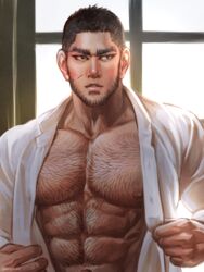  1boy abs bara bare_pectorals beard black_hair blush bulge buzz_cut chest_hair collared_shirt facial_hair golden_kamuy hairy large_pectorals looking_to_the_side male_focus mature_male muscular muscular_male navel navel_hair nipples nopinzo open_clothes open_shirt opened_by_self pectorals shirt short_hair sideburns solo stomach sunlight tanigaki_genjirou thick_eyebrows undressing upper_body very_short_hair white_shirt window_shadow 