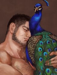  1boy affectionate animal_hug bara beard bird black_hair buzz_cut chest_hair closed_eyes facial_hair golden_kamuy hairy large_pectorals male_focus mature_male muscular muscular_male nipples nopinzo nude peacock pectorals scar scar_on_cheek scar_on_face short_hair sideburns solo tanigaki_genjirou thick_eyebrows upper_body very_short_hair 