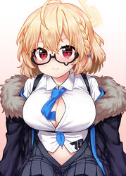  ahoge between_breasts black-framed_eyewear blonde_hair blue_archive blue_necktie blush braid breasts cleavage closed_mouth collared_shirt commentary female fur-trimmed_jacket fur_trim glasses gradient_background hair_between_eyes halo highres itou_yuuji jacket kotori_(blue_archive) large_breasts looking_at_viewer navel necktie necktie_between_breasts open_clothes open_jacket paid_reward_available pink_background pleated_skirt red_eyes semi-rimless_eyewear shirt sitting skirt smile solo teardrop-framed_glasses under-rim_eyewear white_shirt 