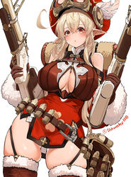  40mm_grenade aged_up ahoge alternate_breast_size backpack bag bare_shoulders breasts brown_dress brown_gloves cleavage cleavage_cutout clothing_cutout clover_print commentary cowboy_shot crossed_bangs dishwasher1910 dress dual_wielding english_commentary eyelashes female fur-trimmed_legwear fur-trimmed_sleeves fur_trim garter_straps genshin_impact gloves goggles goggles_on_headwear grenade_launcher gun hair_between_eyes hands_up hat hat_feather highres holding holding_gun holding_weapon klee_(genshin_impact) large_breasts long_hair long_sleeves looking_at_viewer parted_lips pointy_ears red_eyes red_hat sidelocks simple_background skindentation solo teeth thick_thighs thighhighs thighs twitter_username upper_teeth_only weapon yellow_eyes 