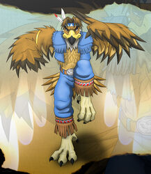  2017 absurd_res accipitrid accipitriform avian beak belt bird black_beak blowup_background blue_bottomwear blue_clothing bottomwear capcom clothed clothing feathers feet foot-paws front_view full-length_portrait hi_res looking_at_viewer multicolored_beak portrait simple_background solo street_fighter t._hawk_(street_fighter) tail tail_feathers talons toes two_tone_beak white_body white_feathers yellow_beak 