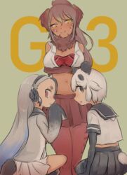  3girls animal_ears arms_under_breasts bare_shoulders bear_ears bear_girl bear_tail black_eyes black_hair blonde_hair blue_hair breasts brown_hair cleavage crop_top cropped_shirt crossed_arms elbow_gloves empty_eyes facial_mark giant_panda_(kemono_friends) giant_penguin_(kemono_friends) gloves grey_hair hair_between_eyes hand_to_own_mouth headphones hood hoodie kemono_friends long_hair long_sleeves looking_at_viewer looking_back midriff multicolored_hair multiple_girls navel north_island_giant_moa_(kemono_friends) panda_ears panda_tail pantyhose purple_eyes sailor_collar shirt short_hair shuushuusha sitting skirt sleeveless sleeveless_shirt sleeves_past_fingers sleeves_past_wrists standing stomach tail tail_through_clothes tan two-tone_hair very_long_hair yellow_eyes 