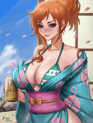  alternate_costume bare_shoulders beer_can bikini bikini_top_only blue_kimono blue_sky blush breasts brown_eyes can collarbone drink_can earrings english_commentary falling_petals female foam green_bikini japanese_clothes jewelry kimono kyopink large_breasts lips nami_(one_piece) obi off_shoulder one_piece orange_hair pearl_earrings petals sash shoulder_tattoo sky solo swimsuit tattoo upper_body window yebisu 