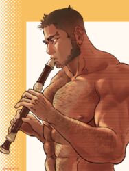  1boy abs arm_hair bara beard black_hair brown_theme buzz_cut chest_hair facial_hair flute from_side golden_kamuy hairy instrument large_pectorals male_focus mature_male muscular muscular_male music navel navel_hair nipples nopinzo nude pectorals playing_flute playing_instrument short_hair sideburns solo stomach tanigaki_genjirou thick_eyebrows very_short_hair 