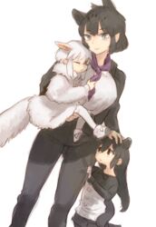  3girls aged_down animal_ears anteater_ears anteater_tail black_hair black_jaguar_(kemono_friends) blue_eyes brown_eyes carrying closed_mouth clothes_grab dutch_angle extra_ears feet_out_of_frame formal grabbing half-closed_eyes jacket jaguar_ears jaguar_girl jaguar_tail kemono_friends lolicon long_hair long_sleeves looking_at_another looking_at_viewer malayan_tapir_(kemono_friends) medium_hair multicolored_hair multiple_girls pant_suit pants pantyhose shirt shoes shorts shuushuusha sidelocks simple_background sleepy smile southern_tamandua_(kemono_friends) suit tail tamandua_ears tamandua_tail tapir_ears two-tone_hair white_background white_hair 