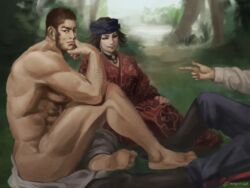  2boys abs ainu ainu_clothes arm_hair bara beard black_hair buzz_cut chest_hair convenient_leg elbow_rest facial_hair female fine_art_parody forest golden_kamuy hairy inkarmat japanese_clothes kimono large_pectorals le_dejeuner_sur_l&#039;herbe leg_hair looking_at_viewer male_focus mature_male multiple_boys muscular muscular_male nature nipples no_male_underwear nopinzo out_of_frame painterly pants_around_one_leg parody pectorals pointing red_kimono short_hair sideburns sidepec tanigaki_genjirou thick_eyebrows thick_thighs thighs topless_male very_short_hair 