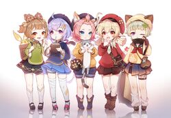  3: 5girls :d ahoge alternate_costume animal animal_ear_fluff animal_ears arm_behind_back backpack_basket bag bandaged_arm bandaged_leg bandages bangs_pinned_back basket bell beret black_footwear black_gloves black_headwear black_scarf black_shirt black_skirt blonde_hair blue_eyes blue_shorts blue_skirt blunt_bangs boots bow braid braided_hair_rings brown_bow brown_eyes brown_footwear brown_hair brown_skirt cabbie_hat carrying casual cat_ears cat_girl cat_tail chinese_clothes clover_print coconut coin_hair_ornament collared_shirt commentary contemporary diona_(genshin_impact) drinking drinking_straw fake_animal_ears feline fingerless_gloves fishnets flower forehead fruit_cup full_body genshin_impact gloves gradient_background green_shirt grey_hair hair_bell hair_between_eyes hair_ornament hair_ribbon hair_rings hairbow handbag hands_up hat highres holding holding_animal jingle_bell jumpy_dumpty kezi klee_(genshin_impact) kneehighs leaf_hair_ornament long_hair long_sleeves looking_at_viewer low_ponytail low_twintails mary_janes multiple_girls necktie ofuda one_eye_closed open_mouth parted_lips pink_hair pleated_skirt pointy_ears pouch puffy_long_sleeves puffy_shorts puffy_sleeves purple_eyes purple_hair qiqi_(genshin_impact) raccoon_ears red_flower red_headwear red_sweater reflection ribbon rubbing_eyes sack sayu_(genshin_impact) scarf school_uniform serafuku shirt shoes short_eyebrows short_hair short_shorts shorts shorts_under_skirt shoulder_bag sidelocks signature simple_background single_braid skirt sleepy smile socks standing sweater symbol-only_commentary tail tears thick_eyebrows thighhighs twin_braids twintails two_side_up v very_long_hair white_background white_shirt white_shorts white_socks white_thighhighs yaoyao_(genshin_impact) yellow_shirt yuegui_(genshin_impact) 