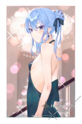  alternate_costume back backless_dress backless_outfit bad_id bad_pixiv_id bare_shoulders blue_eyes blue_hair breasts character_name dress earrings female hair_bun hair_ribbon haru_on highres hololive hoshimachi_suisei jewelry long_hair looking_at_viewer no_bra ribbon sideboob single_hair_bun small_breasts smile solo star_(symbol) star_in_eye symbol_in_eye virtual_youtuber 