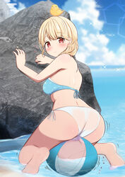  ass ball barefoot beachball bikini blonde_hair breasts feet female from_behind highres kogara_toto kogara_toto_(summer_c102) legs looking_at_viewer lupinus_virtual_games miramira1908 red_eyes rock side-tie_bikini_bottom soles solo swimsuit toes virtual_youtuber vspo! water 