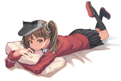  black_neckwear black_skirt brown_eyes brown_hair commentary_request female highres hugging_object japanese_clothes kantai_collection kariginu kneehighs looking_at_viewer lying on_stomach oweee pillow pillow_hug ryuujou_(kancolle) simple_background skirt socks solo twintails visor_cap white_background 