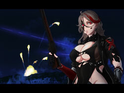  android artificial_eye blonde_hair breasts damaged explosion female girls&#039;_frontline gun highres holding holding_gun holding_weapon large_breasts letterboxed lever_action m1887_(girls&#039;_frontline) mechanical_eye mechanical_parts multicolored_hair outdoors red_eyes red_hair rob_110101101 shotgun solo streaked_hair terminator_(series) terminator_2:_judgment_day weapon winchester_model_1887 