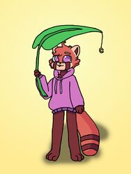  2021 ailurid anthro artyom_(artyomtheredpanda) artyomtheredpanda brown_body brown_fur brown_inner_ear cel_shading cheek_tuft clothing digital_drawing_(artwork) digital_media_(artwork) facial_tuft full-length_portrait fur glistening glistening_eyes handpaw head_tuft hi_res hindpaw holding_leaf holding_object hoodie leaf leaf_umbrella male male_anthro mammal oversized_clothing oversized_hoodie oversized_topwear paws pink_clothing pink_eyes pink_hoodie pink_topwear plantigrade portrait red_panda shaded simple_background solo standing tail tan_body tan_fur topwear tuft yellow_background 