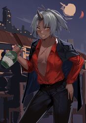  blush bottle contrapposto cowboy_shot dark-skinned_female dark_skin dress_shirt female grey_hair highres holding holding_bottle horns hunyan jacket jacket_on_shoulders long_sleeves looking_at_viewer night no_bra oni_horns open_clothes open_shirt original outdoors pants ponytail red_shirt scar scar_on_chest shirt shirt_tucked_in smile thumb_in_pocket unbuttoned yellow_eyes 