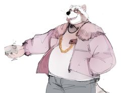  2020 anthro april_fools&#039;_day belly beverage bottomwear chains clothing fang_(vonzent) gold_(metal) gold_chain half-length_portrait hand_in_pocket hi_res holding_beverage holding_object holidays male mammal overweight overweight_anthro overweight_male pants pockets portrait procyonid raccoon shirt simple_background solo topwear vonzent white_background 