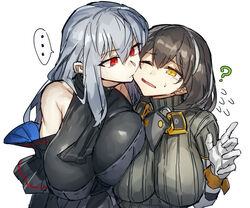  ... 2girls ? arknights biting breast_press breasts brown_hair cheek_biting gloves grey_hair hair_between_eyes large_breasts magallan_(arknights) magallan_(elite_ii)_(arknights) melon22 multiple_girls one_eye_closed open_hand open_mouth red_eyes ribbed_sweater scared skadi_(arknights) skadi_(elite_ii)_(arknights) spoken_ellipsis sweater white_background white_gloves yellow_eyes yuri 