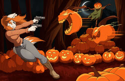  anthro breasts canid canine canis clothed clothing code_name:_hunter dipstick_tail domestic_dog evonallure female fur group gun hair halloween holding_gun holding_object holding_ranged_weapon holding_weapon holidays jack-o&#039;-lantern mammal markings multicolored_tail open_mouth orange_hair orange_tail_tip ranged_weapon ruby_pyrenees tail tail_markings weapon white_body white_fur 