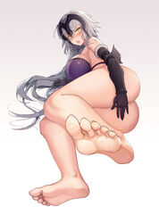  absurdres ass bare_legs bare_shoulders barefoot blush bra breasts cha_hou collarbone commentary_request covering_ass covering_privates fate/grand_order fate_(series) feet female foot_focus foreshortening from_behind full_body fur-trimmed_gloves fur_trim gauntlets gloves gradient_background gradient_hair grey_hair hair_between_eyes headpiece highres jeanne_d&#039;arc_alter_(avenger)_(fate) jeanne_d&#039;arc_alter_(fate) large_breasts leg_up legs long_hair looking_at_viewer lying multicolored_hair no_pants on_side open_mouth panties pantyshot photoshop_(medium) purple_bra purple_panties sidelocks soles solo thighs thong toenails toes underwear very_long_hair yellow_eyes 