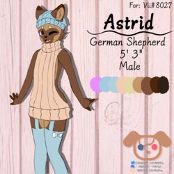  1:1 absurd_res anthro astrid_(biscuitcchroma) biscuitcchroma brown_body brown_fur canid canine canis clothing digital_drawing_(artwork) digital_media_(artwork) domestic_dog english_text femboy fur german_shepherd herding_dog hi_res legwear looking_at_viewer male mammal meme meme_clothing model_sheet one_eye_closed open_mouth pastoral_dog portrait purple_eyes short_fur short_male signature smile solo sweater text thigh_highs three-quarter_portrait tipped_ears topwear virgin_killer_sweater wink 