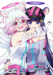  afrosoricid alternative_fashion amekaji angel angry animal_humanoid belt black_hair blush breasts campera clothed clothing digital_media_(artwork) duo ear_piercing eyewear fangs female fully_clothed galago galago_humanoid glasses gyaraco_(show_by_rock!!) gyaru hair half-length_portrait halo happy hay hi_res hug humanoid j-fashion long_hair lorisoid mammal mammal_humanoid open_mouth piercing pink_eyes portrait primate primate_humanoid purple_eyes sanrio shimakk_(show_by_rock!!) short_hair show_by_rock!! simple_background strepsirrhine teeth tenrec tenrec_humanoid white_hair 