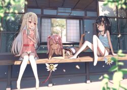  3girls architecture barefoot black_hair black_tank_top blonde_hair blue_tank_top blurry brown_eyes brown_shorts ceiling ceiling_light chloe_von_einzbern closed_mouth collarbone commentary dark-skinned_female dark_skin day denim denim_shorts depth_of_field dress east_asian_architecture fate/kaleid_liner_prisma_illya fate_(series) feet food grin hair_bobbles hair_ornament hairclip highres holding holding_food illyasviel_von_einzbern long_hair magical_ruby magical_sapphire miyu_edelfelt multiple_girls open_mouth outdoors pink_dress pink_hair popsicle ray_peng red_eyes short_shorts shorts side_ponytail sitting smile summer tank_top tatami toes window wooden_ceiling 