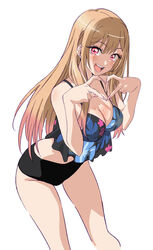  absurdres bikini black_bikini blonde_hair blush breasts cleavage commentary_request ear_piercing earrings eyelashes female fingernails happy heart heart_hands highres jewelry kitagawa_marin long_fingernails long_hair looking_at_viewer midriff multicolored_hair official_art open_mouth piercing pink_hair red_eyes solo sono_bisque_doll_wa_koi_wo_suru swimsuit teeth thigh_gap thighs tongue white_background yamazaki_jun 