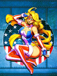  ahoge american_flag american_flag_print arm_at_side ass bare_shoulders blonde_hair blue_eyes boots breasts cleavage cleavage_cutout clothing_cutout collar covered_navel drop_shadow earrings elbow_gloves eye_mask female fingerless_gloves fingernails flag_print floating forehead from_side full_body genzoman glint gloves gold halterneck high_heel_boots high_heels highleg highleg_leotard impossible_clothes impossible_leotard jewelry kamen_america kamen_america_(comic) large_breasts legs_up leotard linea_alba lips long_hair multicolored_clothes muscular narrow_waist nose open_mouth parted_hair patriotism pinup_(style) rivets salute sash shiny_skin sideboob signature smile solo star_(symbol) star_cutout star_earrings striped_clothes striped_footwear superhero_costume swept_bangs taut_clothes taut_leotard teeth thick_thighs thigh_boots thighhighs thighs tongue tsurime upper_teeth_only wavy_hair yellow_sash 