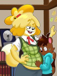  3:4 accessory animal_crossing anthro belly belly_peeking_out blonde_hair blush blush_lines bodily_fluids bottomwear breasts canid canine canis cardigan clothed clothing digital_media_(artwork) dipstick_tail domestic_dog dominant dominant_female duo eyebrows female fully_clothed hair hair_accessory hair_tie hand_on_another&#039;s_belly hand_on_belly hi_res hoodie inside isabelle_(animal_crossing) larger_anthro larger_female looking_at_another male mammal markings naughty_face nintendo open_mouth pinned pinned_to_wall ponytail procyonid raccoon raised_eyebrow shih_tzu size_difference skirt smaller_anthro smaller_male strawberrywith4 sweat sweatdrop tail tail_markings teasing topwear toy_dog vest weight_difference 