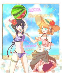  2girls alternate_costume beach bikini black_hair blue_sky breasts cleavage commentary day dessert english_text feeding fire_emblem fire_emblem:_genealogy_of_the_holy_war flower food frilled_bikini frills fruit hair_flower hair_ornament hat heart holding holding_spoon ice_cream ice_cream_spoon lana_(fire_emblem) larcei_(fire_emblem) medium_breasts multiple_girls ocean orange_hair outdoors pink_bikini purple_bikini sand sarong short_hair sky spoon summer sun_hat swimsuit watermelon yzkmm 