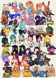  2boys 6+girls ? absurdres ahoge animal_ears annotation_request aqua_eyes aqua_hair aqua_skin bakuatsukiyu black_dress black_eyes black_gloves black_hair black_horns black_jacket black_ribbon black_skin blonde_hair blue_coat blue_hair blue_shirt blue_sweater blunt_bangs blush bongfill borrowed_character braid breasts briar_(mynotar) broke-chan_(bakuatsukiyu) brown_gloves brown_hair bucket bucket_(tomonaku) bucket_on_head bumblesteak camisole cape character_request christy_frisby cleavage closed_eyes coat collaboration collared_shirt colored_sclera colored_skin covered_navel cowboy_shot cropped_torso dark-skinned_female dark_skin deadslug detached_sleeves drawstring dress eleanor_(justadrian) faure_(wafferscotch) firebay flower forest_box furry furry_female gaziter ginnie_(christy_frisby) glasses glomi_(squeaky) gloves goat_ears goat_girl green_gloves green_hair green_skin green_sweater grey_coat grey_eyes grey_hair grey_hoodie grey_overalls gris_(vertigris) hair_between_eyes hair_bun hair_ornament hair_over_one_eye hairclip hand_up highres hood hood_down hood_up hoodie horns index_finger_raised jacket june_(megrocks) justadrian_(yoadriandk) kitt_betelgeuse large_breasts long_hair long_sleeves luny mabel_(suizilla) maple_(tealst) medium_breasts medium_hair megrocks minimilieu mona_(deadslug) mouse_ears multicolored_hair multiple_boys multiple_braids multiple_girls mynotar neck_ribbon niking no_nose object_on_head off-shoulder_sweater off_shoulder olive_(bumblesteak) open_mouth orange_hair original overalls parted_lips partially_annotated phone pink_eyes pink_hair pink_shirt pink_skin pointy_ears ponytail print_shirt profile purple_eyes purple_hoodie purple_horns rabbit_ears ratgob_(forest_box) red-framed_eyewear red_cape red_eyes red_flower red_hair red_rose ribbon rose round_eyewear shirt short_hair short_sleeves simple_background skull_hair_ornament sleeves_past_wrists smile soap.h sofia_(gaziter) speech_bubble spoken_question_mark squeaky_(artist) string_phone sui_(suizilla) suspenders sweater table tank_(bongfill) tealst tomonaku twintails two-tone_hair umbra_(firebay) upper_body velo_(kitt_betelgeuse) vertigris wafferscotch whispering white_background white_camisole white_hair white_shirt wren_(minimilleu) yellow_eyes yellow_sclera 