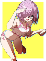  bikini black-framed_eyewear blush border breasts cleavage commentary_request fate/grand_order fate_(series) female glasses hair_over_one_eye hamao_1 happy highres light_purple_hair looking_at_viewer mash_kyrielight mash_kyrielight_(swimsuit_of_perpetual_summer_ver.02) medium_breasts navel one_eye_covered open_mouth outside_border purple_eyes see-through short_hair smile solo stomach striped_bikini striped_clothes swimsuit white_border yellow_background 