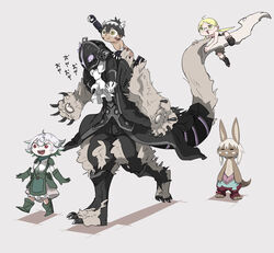  2boys 3girls absurdres animal_ears animal_hands armor black_hair blonde_hair bondrewd commentary_request cyborg gauntlets helm helmet highres made_in_abyss multiple_boys multiple_girls nanachi_(made_in_abyss) no_shirt partial_commentary prushka regu_(made_in_abyss) riko_(made_in_abyss) tail tirarizun white_hair 