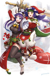  2girls abs alondite altina_(fire_emblem) altina_(winter)_(fire_emblem) ancestor_and_descendant animal_ears bell black_bodysuit blue_eyes blush bodysuit boots bow box breasts candy candy_cane cape carrying_over_shoulder christmas christmas_stocking commentary covered_navel detached_sleeves fake_animal_ears fire_emblem fire_emblem:_radiant_dawn fire_emblem_heroes food full_body fur-trimmed_boots fur-trimmed_gloves fur_trim gift gift_bag gift_box gloves gonzarez green_bow green_cape hat headband highres holding holding_person holding_sword holding_weapon large_breasts long_hair looking_at_another looking_down multiple_girls official_alternate_costume open_mouth pants pom_pom_(clothes) purple_hair ragnell red_footwear red_headwear sanaki_kirsch_altina sanaki_kirsch_altina_(winter) sandals santa_costume santa_hat signature skin_tight smile snowflakes star_(symbol) sword tabard tassel thighhighs thighs waist_cape weapon white_footwear white_gloves white_pants yellow_eyes 